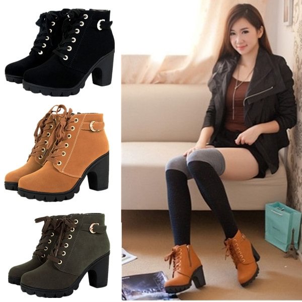 Hot Girl Women High Top Heel Lace Up Buckle Ankle Boots Winter Pumps Suede Shoes NEW - Life is Beautiful for You - SheChoic