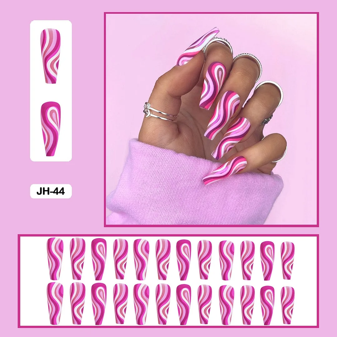 24pcs/box Long Trapezoid Fake Nails Geometric Simplicity Personality Graffiti Animal Pattern Nail Art Nails Press on With Glue-Nail Inspo