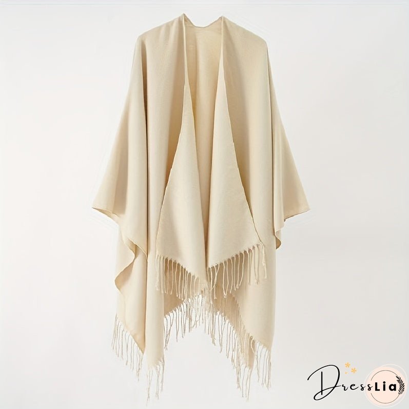 Solid Color Tassel Cardigan Poncho Simple Imitation Cashmere Open Front Large Shawl Women's Autumn Winter Outside Warm Coldproof Shawl Cape