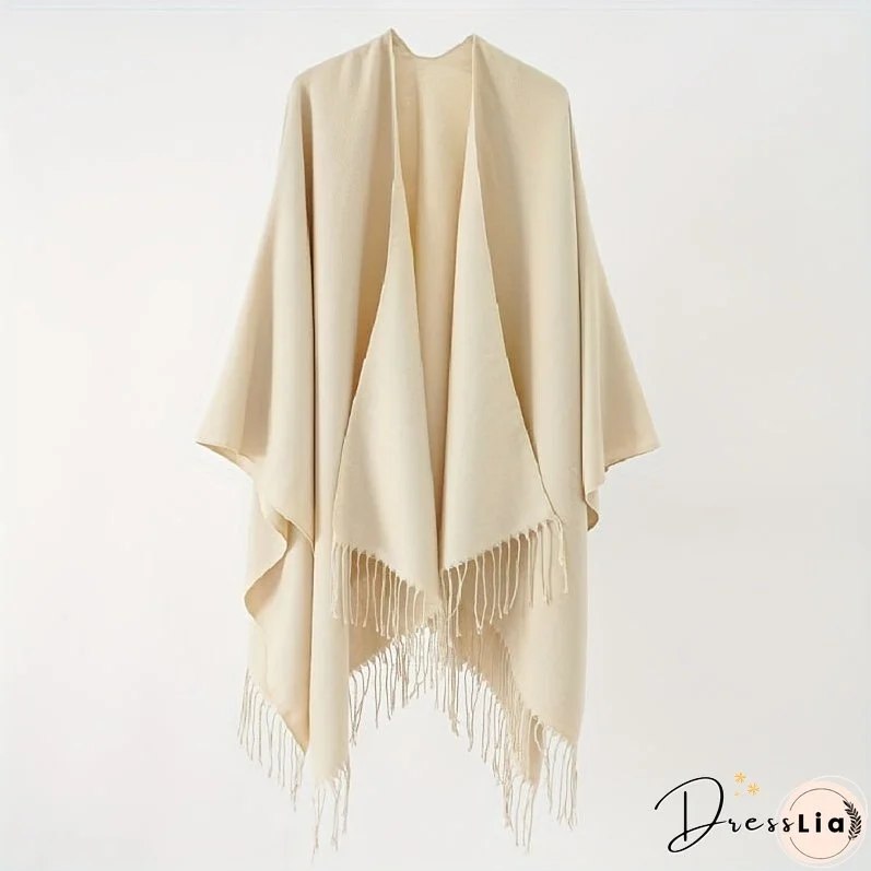 Solid Color Tassel Cardigan Poncho Simple Imitation Cashmere Open Front Large Shawl Women's Autumn Winter Outside Warm Coldproof Shawl Cape