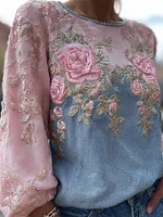 Vintage Pink Roses Embroidered Denim Contrast Linen Tunic