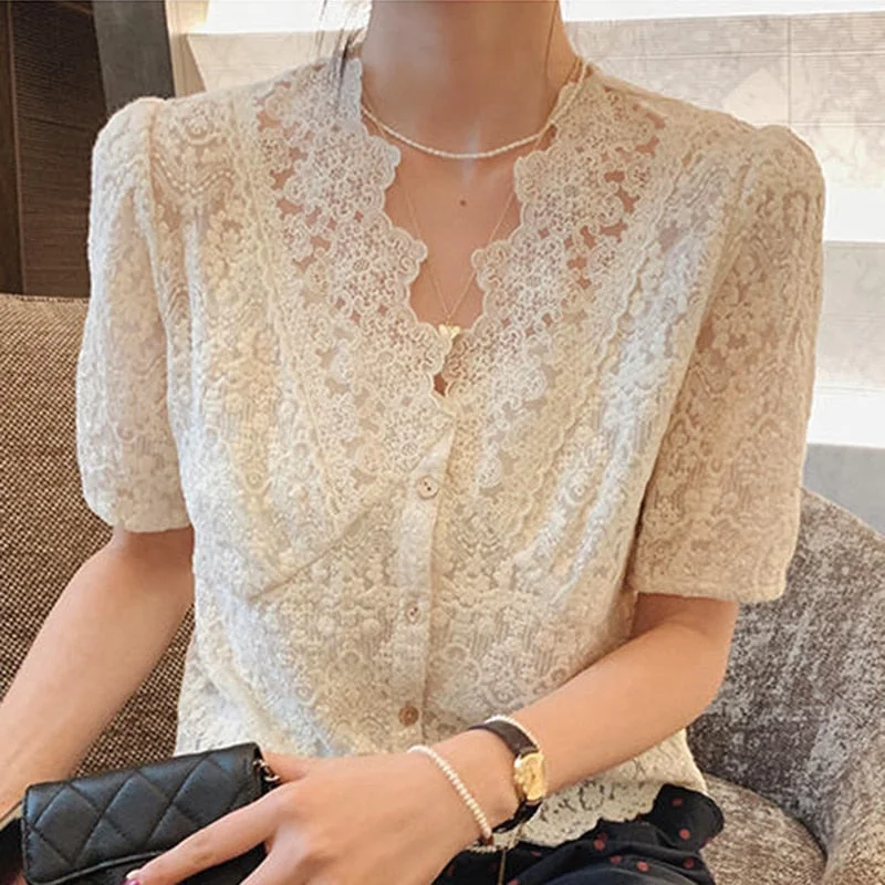 Summer New Chic Hollow V-neck Blouse Women Korean Sweet Short Sleeve Apricot Tops Fashion Floral Loose Ladies Shirt Blusas 13920