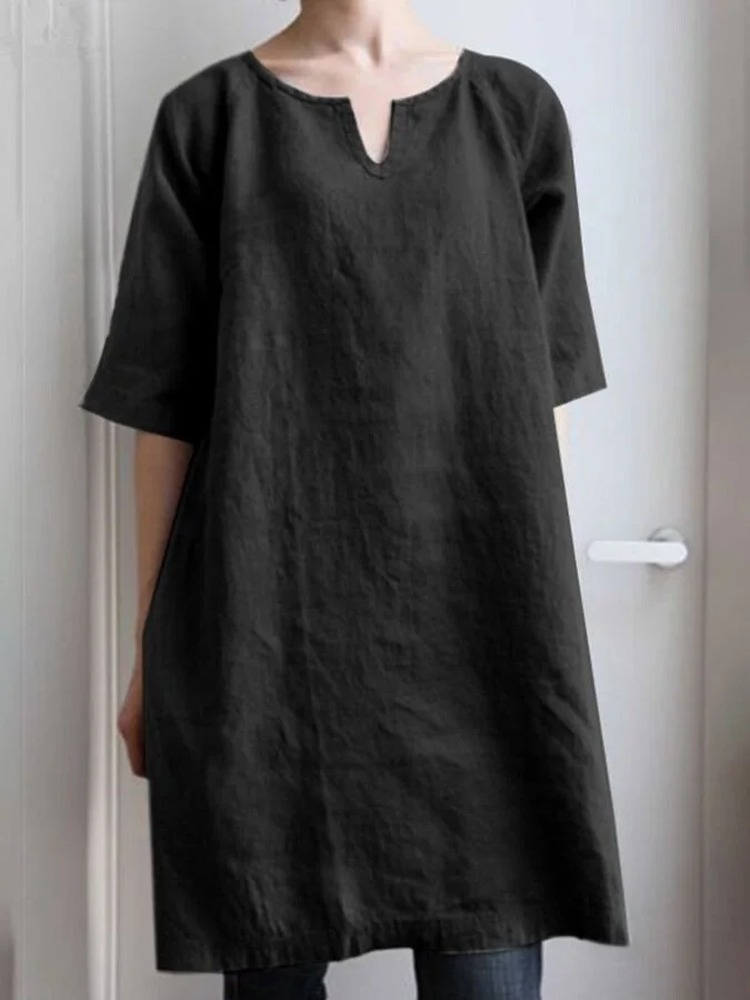 Ladies Cotton Linen Casual Mid Sleeve Dress