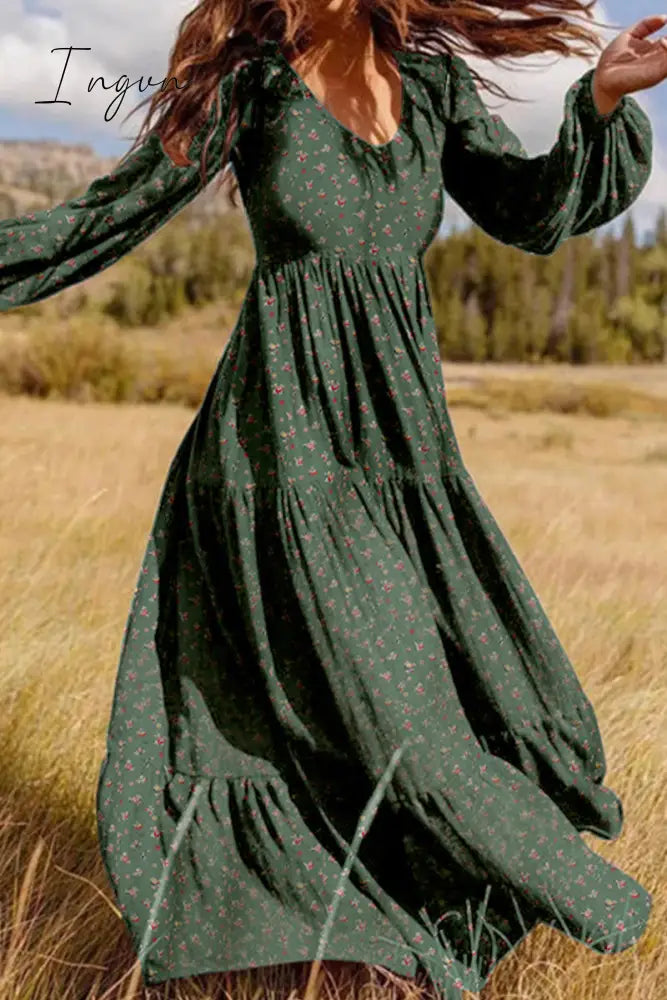 Ingvn - Elegant Floral Patchwork V Neck Printed Dress Dresses Green / M Dresses/Floral