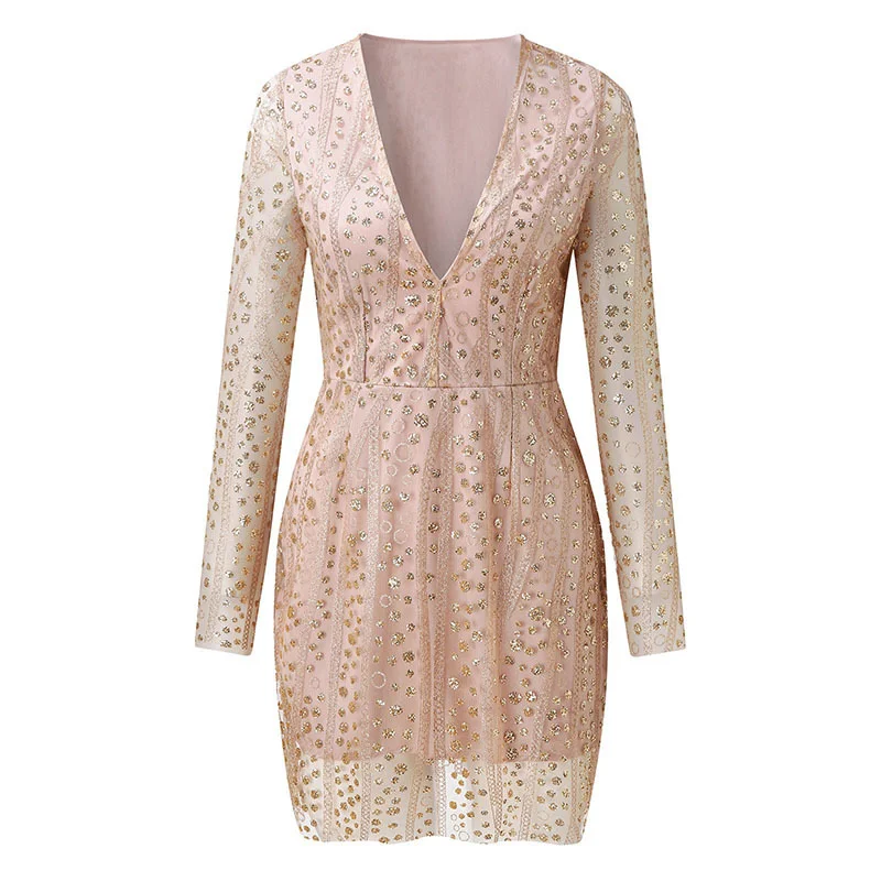 Uveng Uveng New Women's Ebay Dress Deep V Perspective Long Sleeve Short Dress Sprinkled Gold Dress