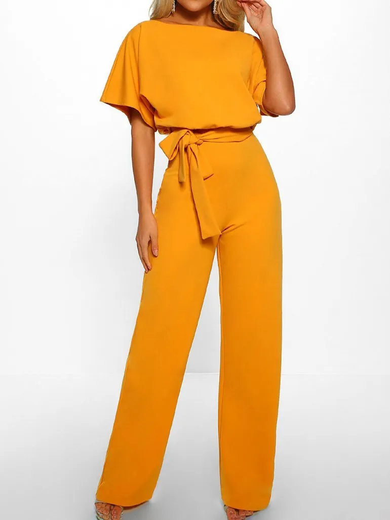 Solid Lace-up Short-sleeved Women's Jumpsuit