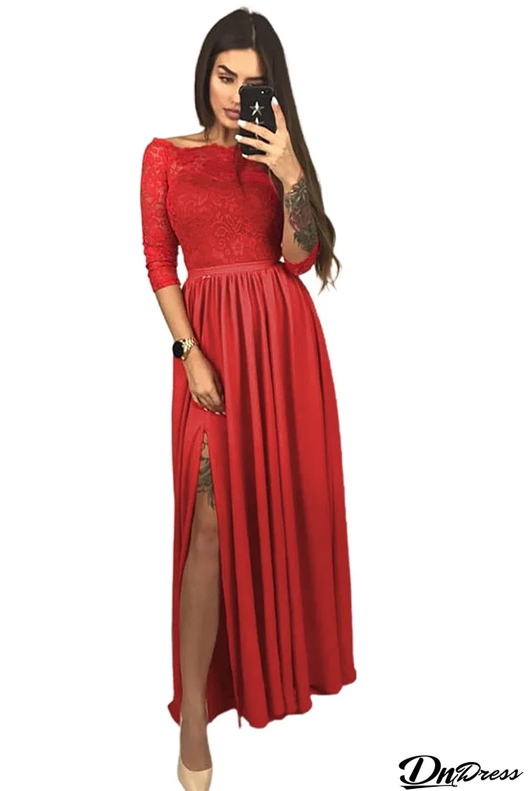 Off Shoulder Lace Bodice High Waist Maxi Skirt Evening Dress