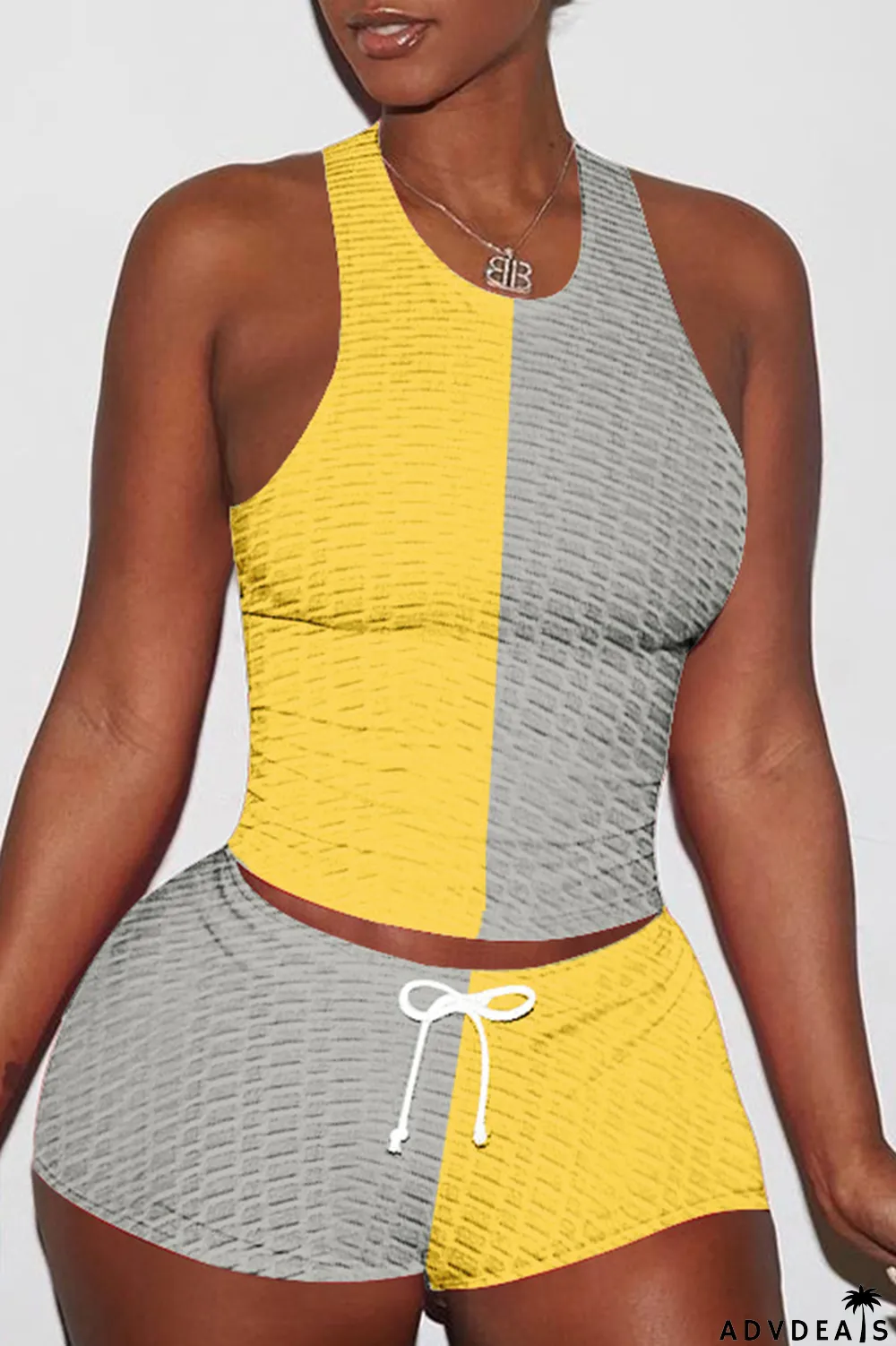 Blue Black Casual Sportswear Patchwork Basic O Neck Sleeveless Two Pieces