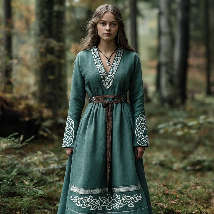 Vintage Viking Celtic Knot Women's V-neck Linen Dress
