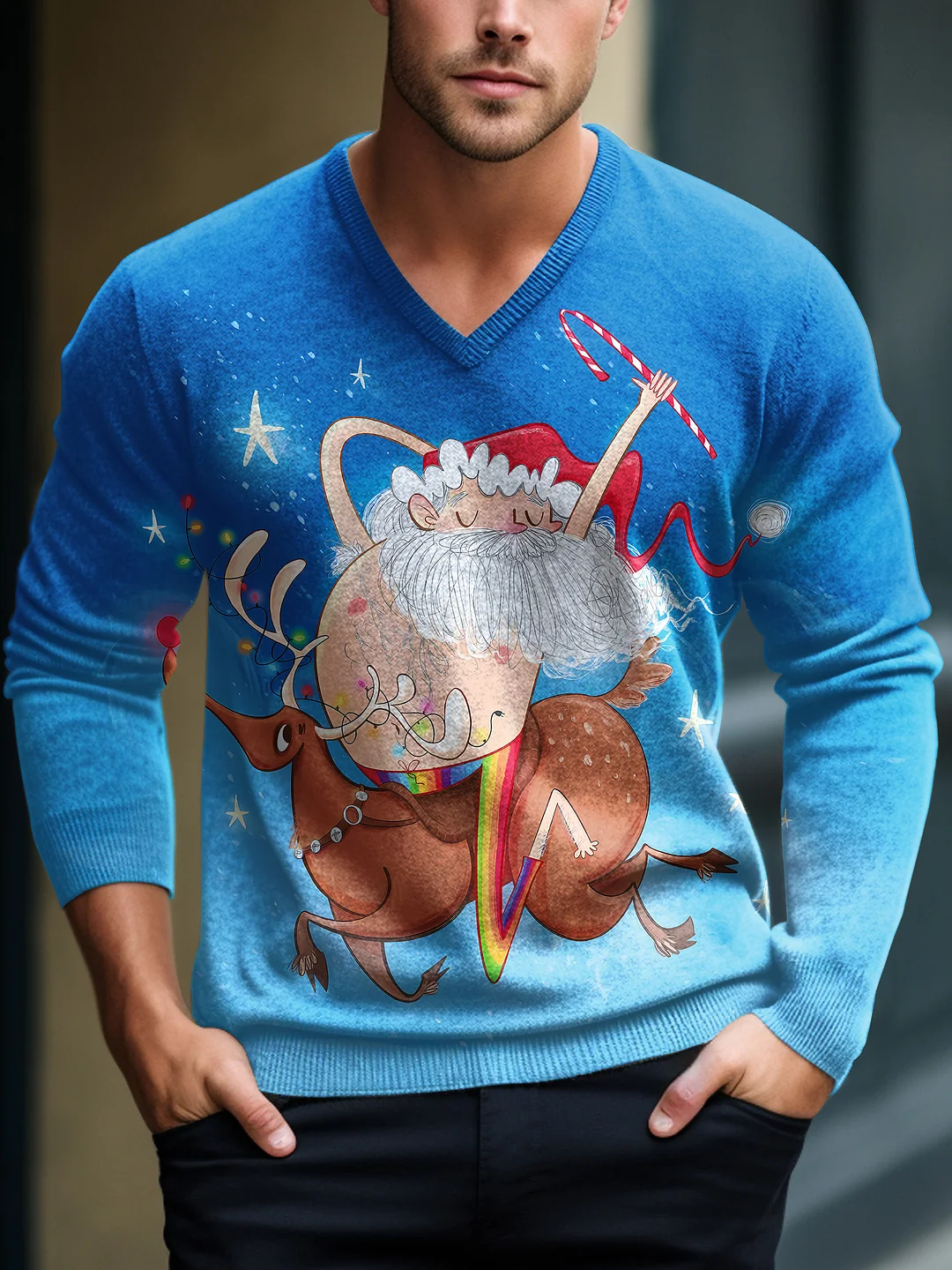 Men Funny Christmas Santa Claus Riding Reindeer In The Sky V-Neck Print Lnit Long Sleeve Sweater