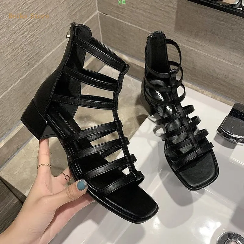 Summer New Roman Sandals Sticky Leather Open Toe Square Heel Pu Roman Shoes Cross Strap Zipper Mid Heel Sandals for Women 2021