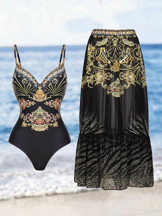 Vintage Court Floral Print One Piece Swimsuit and Sarong