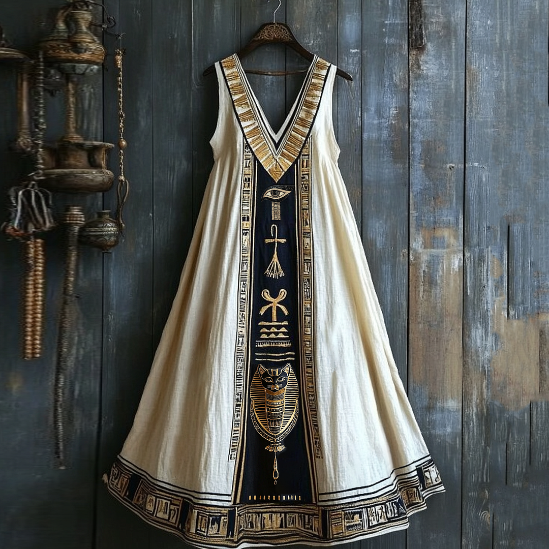 Vintage Egyptian Elements Print V-neck Midi Dress