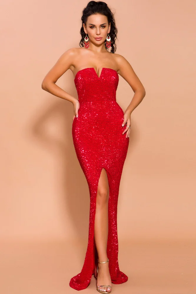 Chic Red Sequins Prom Dress Long Evening Gown With Split - lulusllly