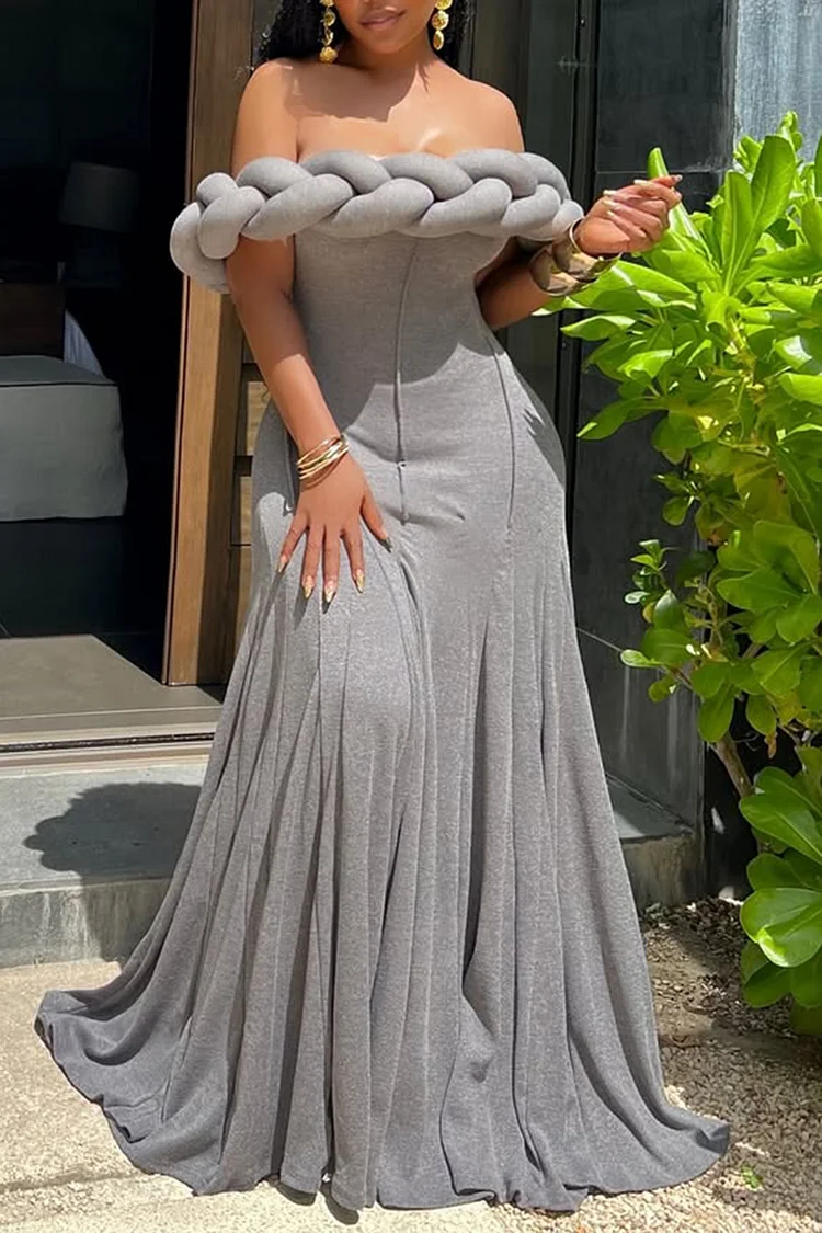 Plus Size Formal Grey Off The Shoulder 3D Elegant Mermaid Maxi Dresses [Pre-Order]