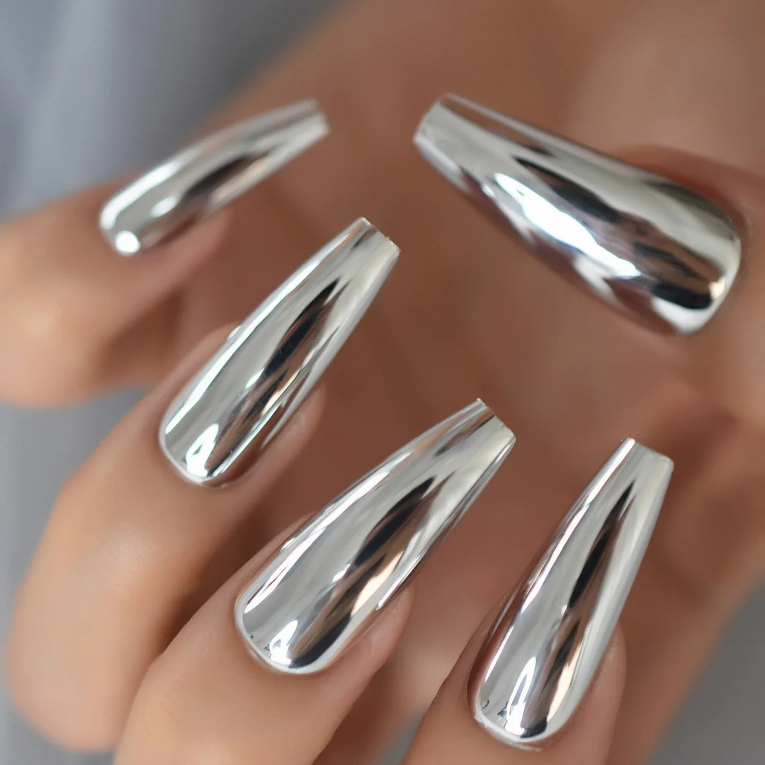 Metallic Coffin Nail Tips False Nails Long Ballerina Gold Mirror Fake Nails Press On Full Set For Fingernail Decorations-Nail Inspo