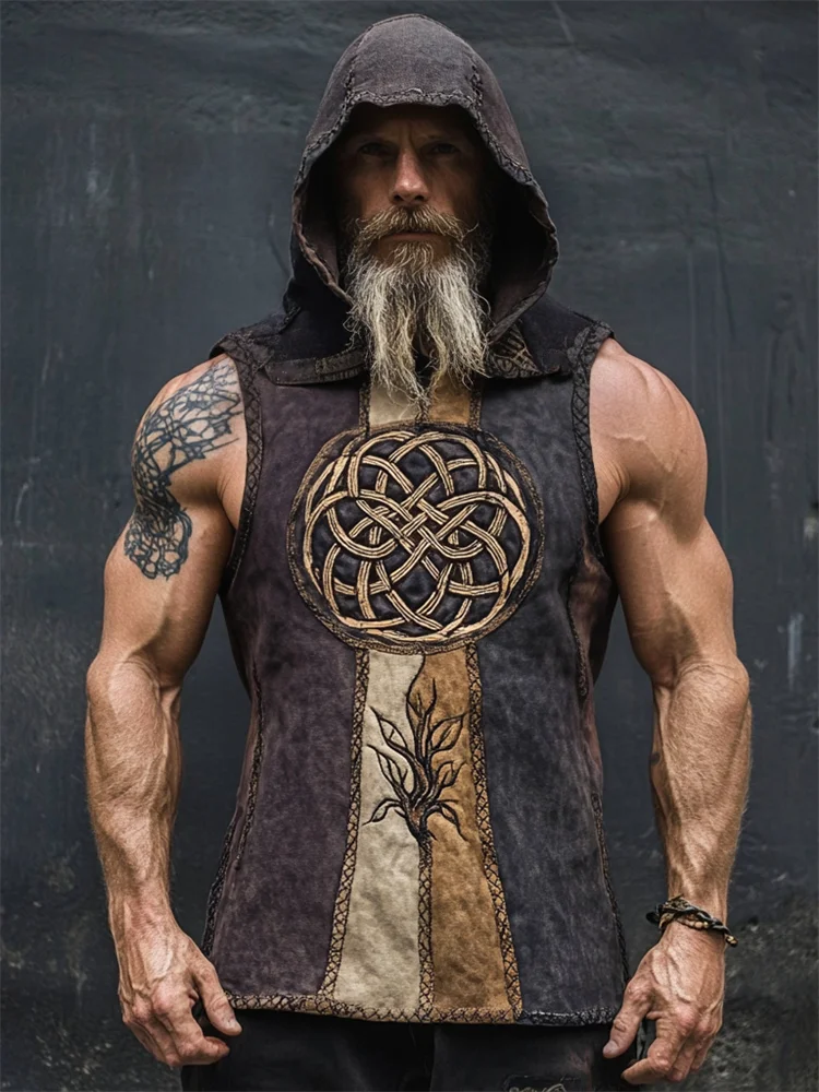 Men's Viking Celtic Knot Contrast Patchwork Hooded Tank Top
