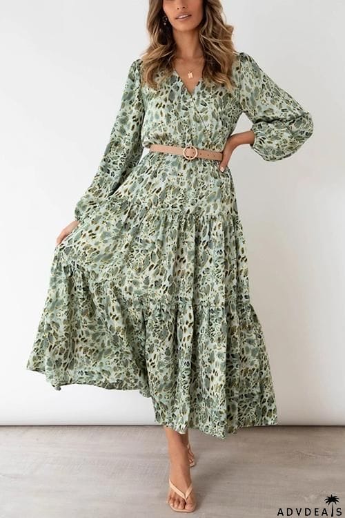 Print Belted Long Sleeve Maxi Dress