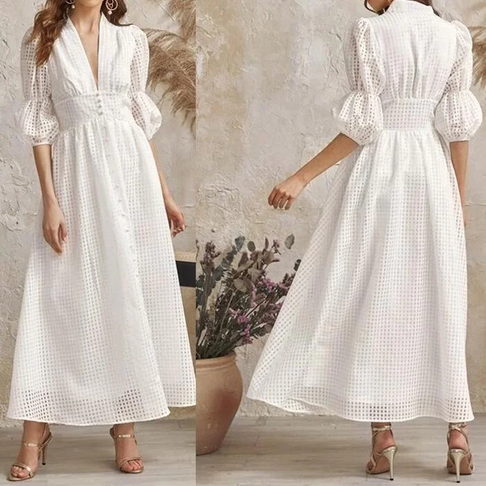 Elegant white long plaid dress