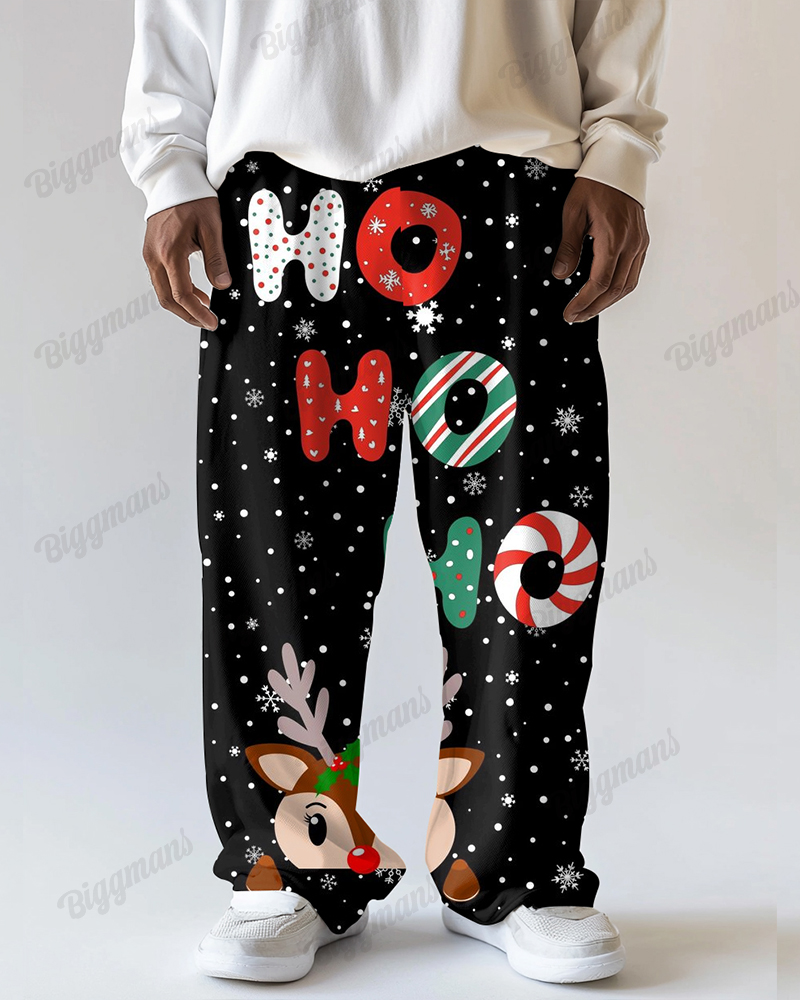 Christmas Snow Loose Deer Print Men's Loose Plus Size Autumn And Winter Straight Long Sweat Pants