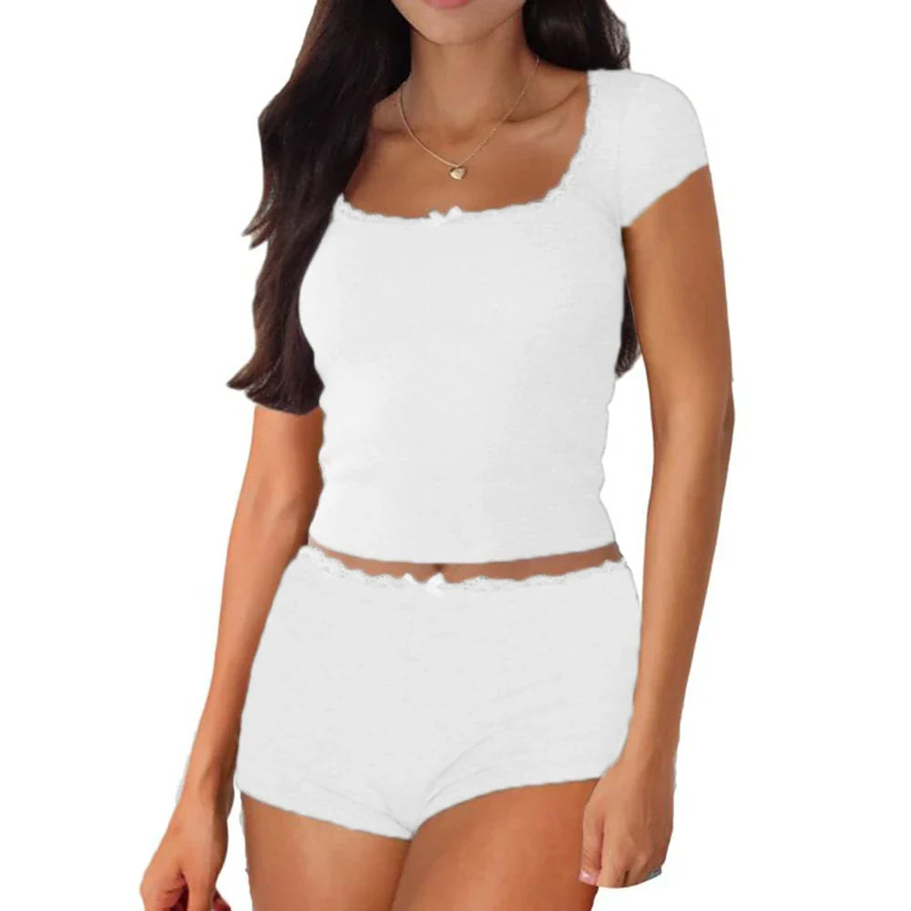 Llyge Women's Y2K Two Pieces Pajama Sets Lace Trim Bow Short Sleeve Square Neck T-shirt with Shorts Sleepwear Loungewear llyge