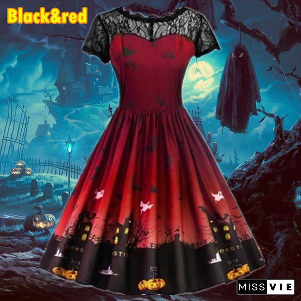 7 Colors Women Fashion Pumpkin Snowflake Print Dress Short Sleeve Lace Dress Christmas Halloween Costume Knee Length Party Dresses