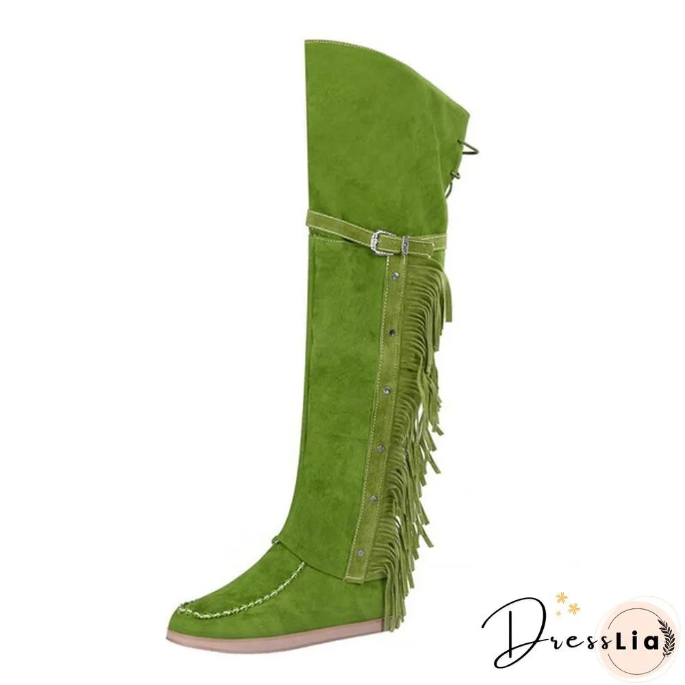 Winter Women Faux Suede Tassel Boots Fashion Ethnic Fringe Boho Long Boots Flat Heel Knee High Boots