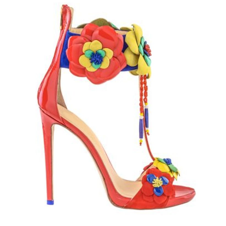 Custom Made Red T-Strap Stiletto Heels Multicolor Floral Decor Sandals |FSJ Shoes