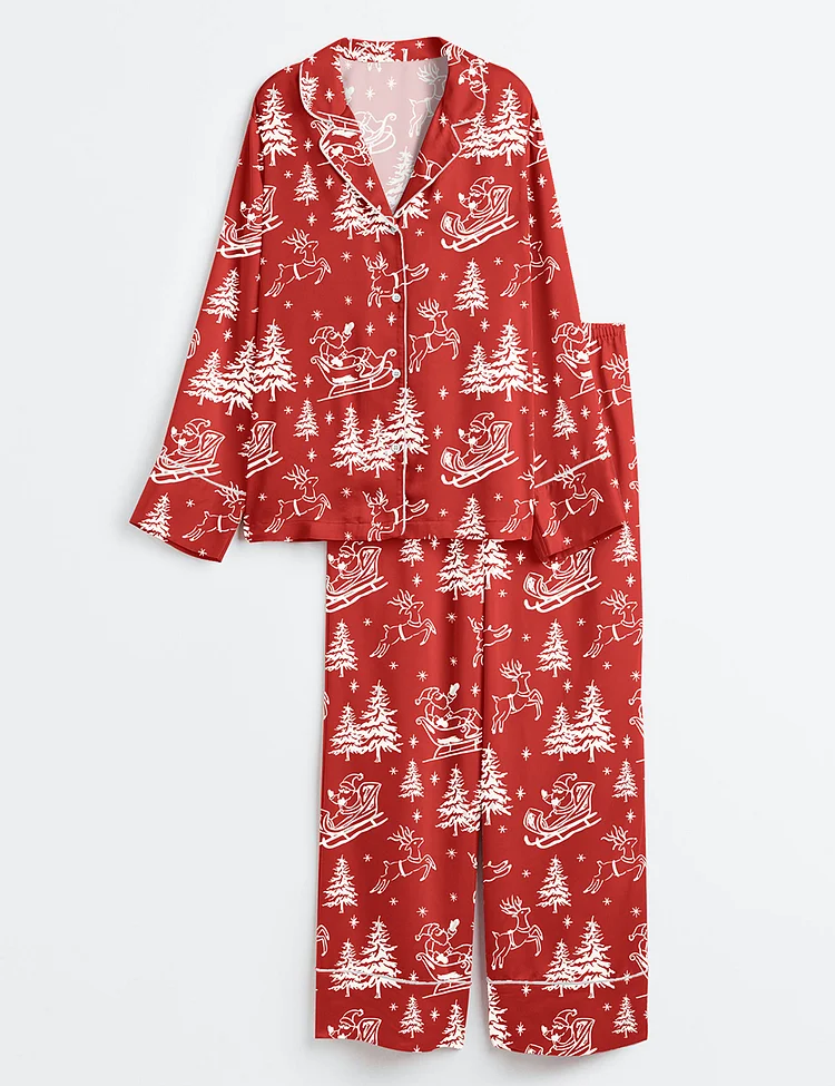 Women&rsquo;s Red And White Christmas Santa Reindeer Long Sleeve Satin Pajama Set