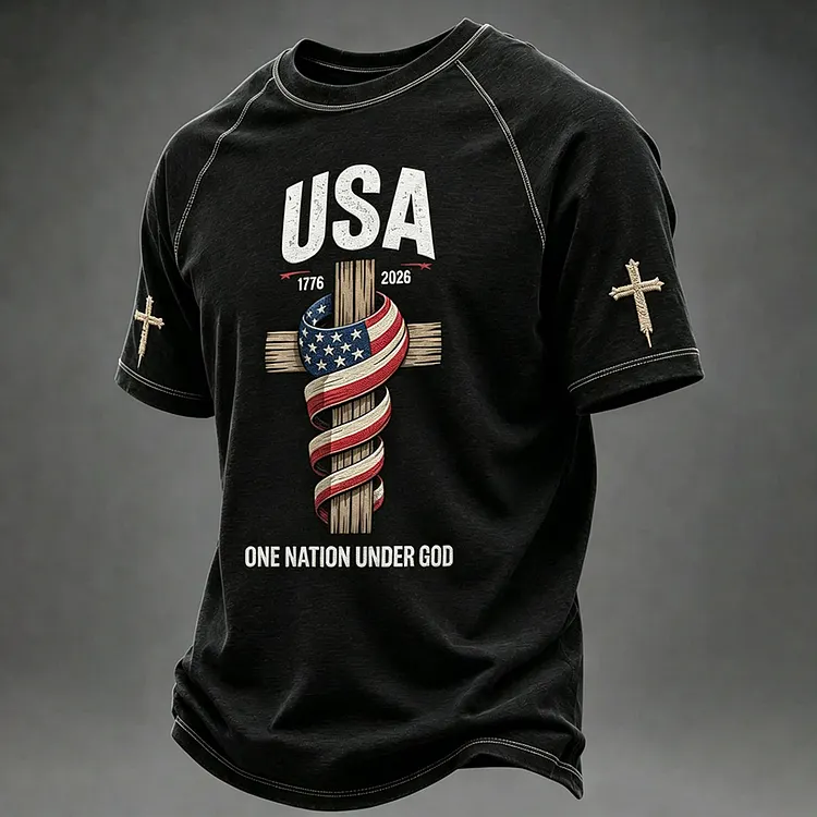 Men's Retro Independence Day Faith Cross Print Short Sleeve T-shirt