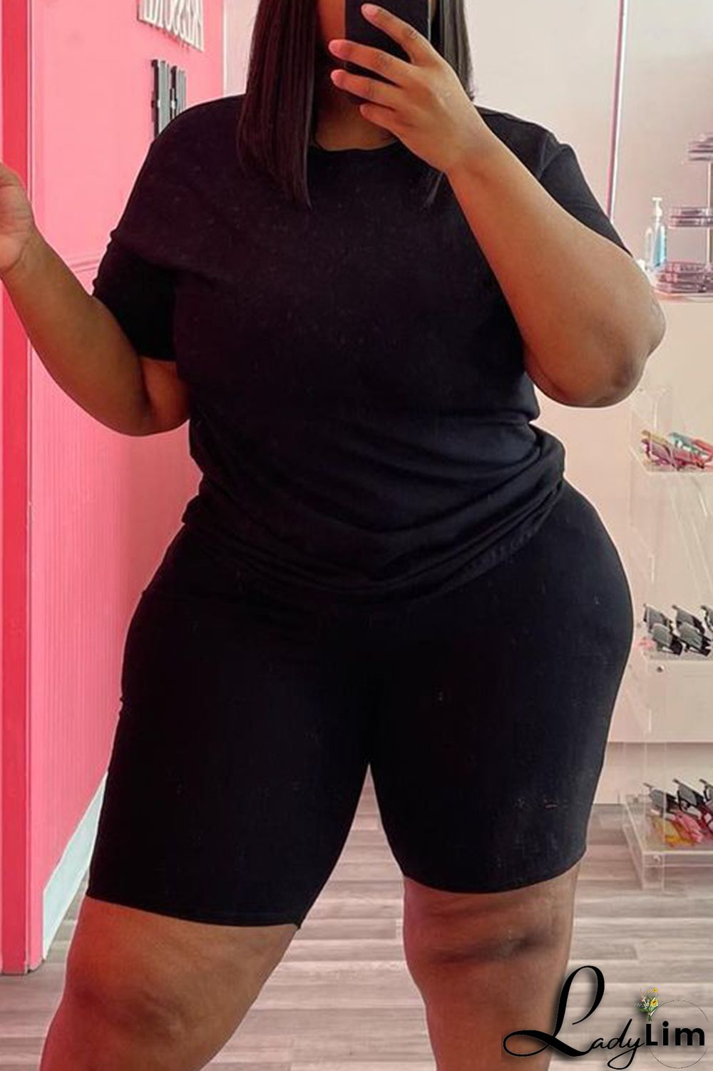 Black Fashion Casual Solid Basic O Neck Plus Size Two Pieces