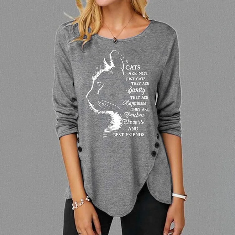 Cat Print Crew Neck Irregular Hem T-Shirt