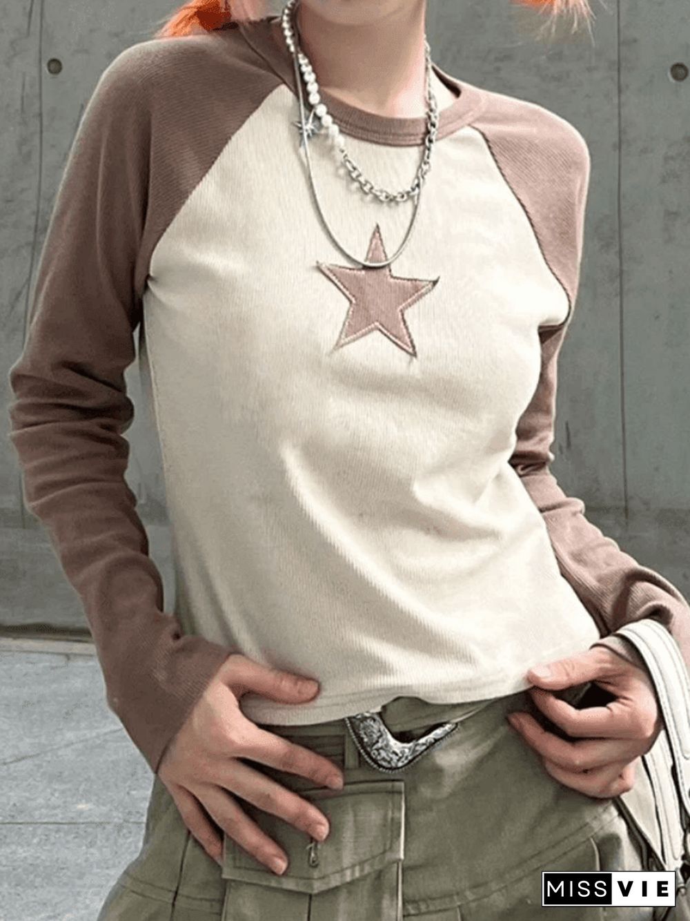 Raglan Sleeve Star Patch Knit Crop Top
