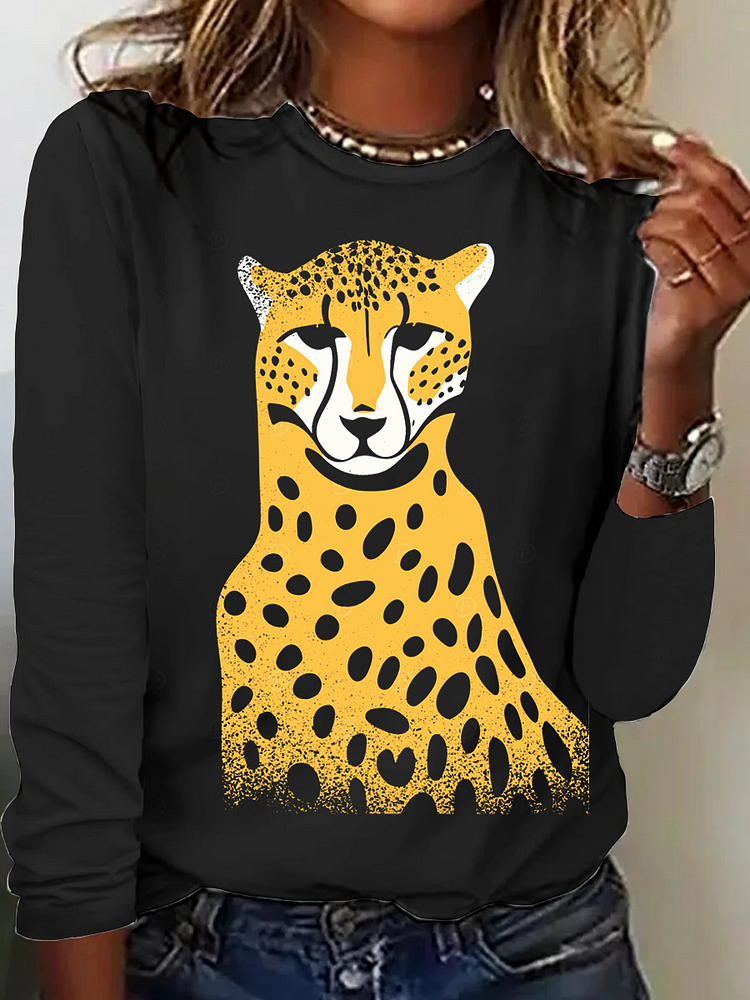 Women's Black Crew Neck Cheetah Long Sleeve T-Shirt socialshop