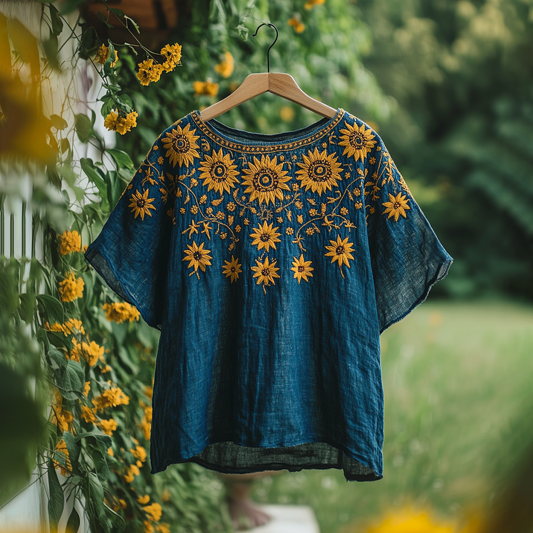 Women's Bohemian Retro Sunflower Round Neck T-shirt