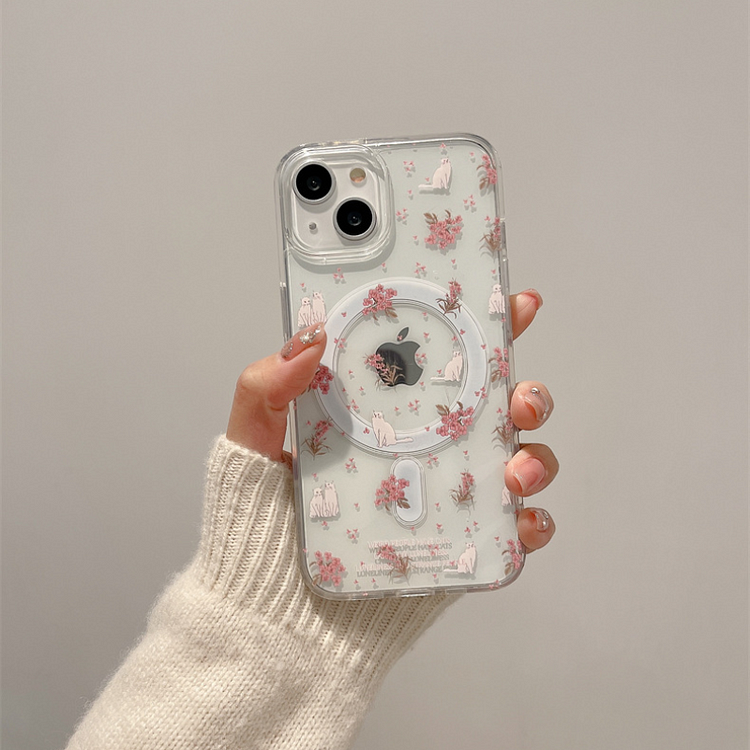 Kawaii Cat Flower Magnetic Card Holder Phone Case