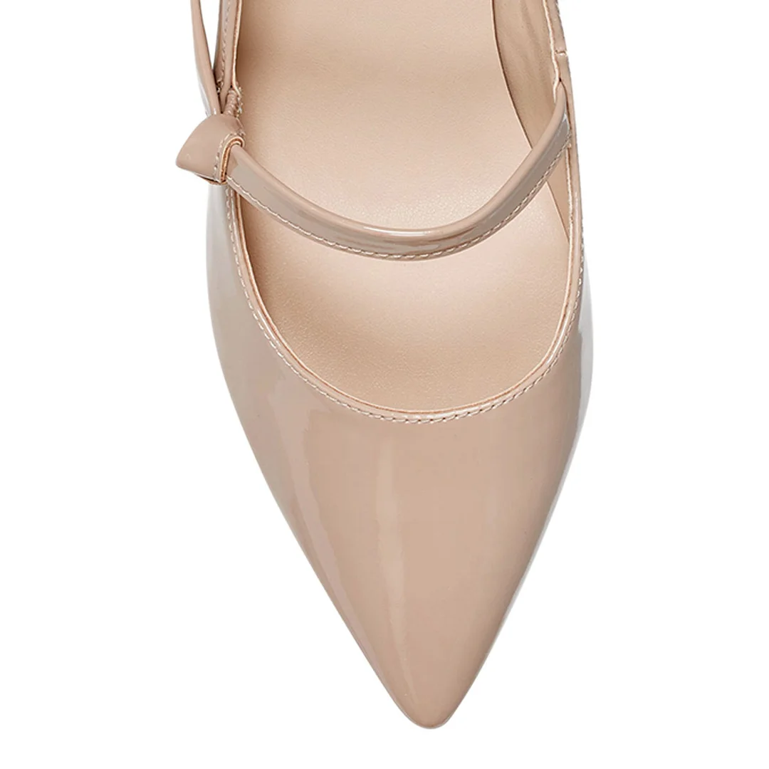 YDN Nude Patent Leather Pointed Toe Elegant Mary Jane Heels