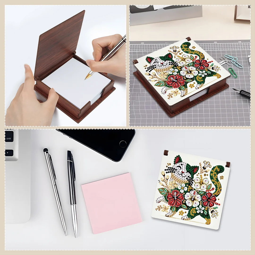Wooden DIY Flower Cat Diamond Painting Kit Note Box with 160 Papers for Office