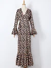 Leopard Print Flared Sleeves Bandage Tunicshang Maxi Dress