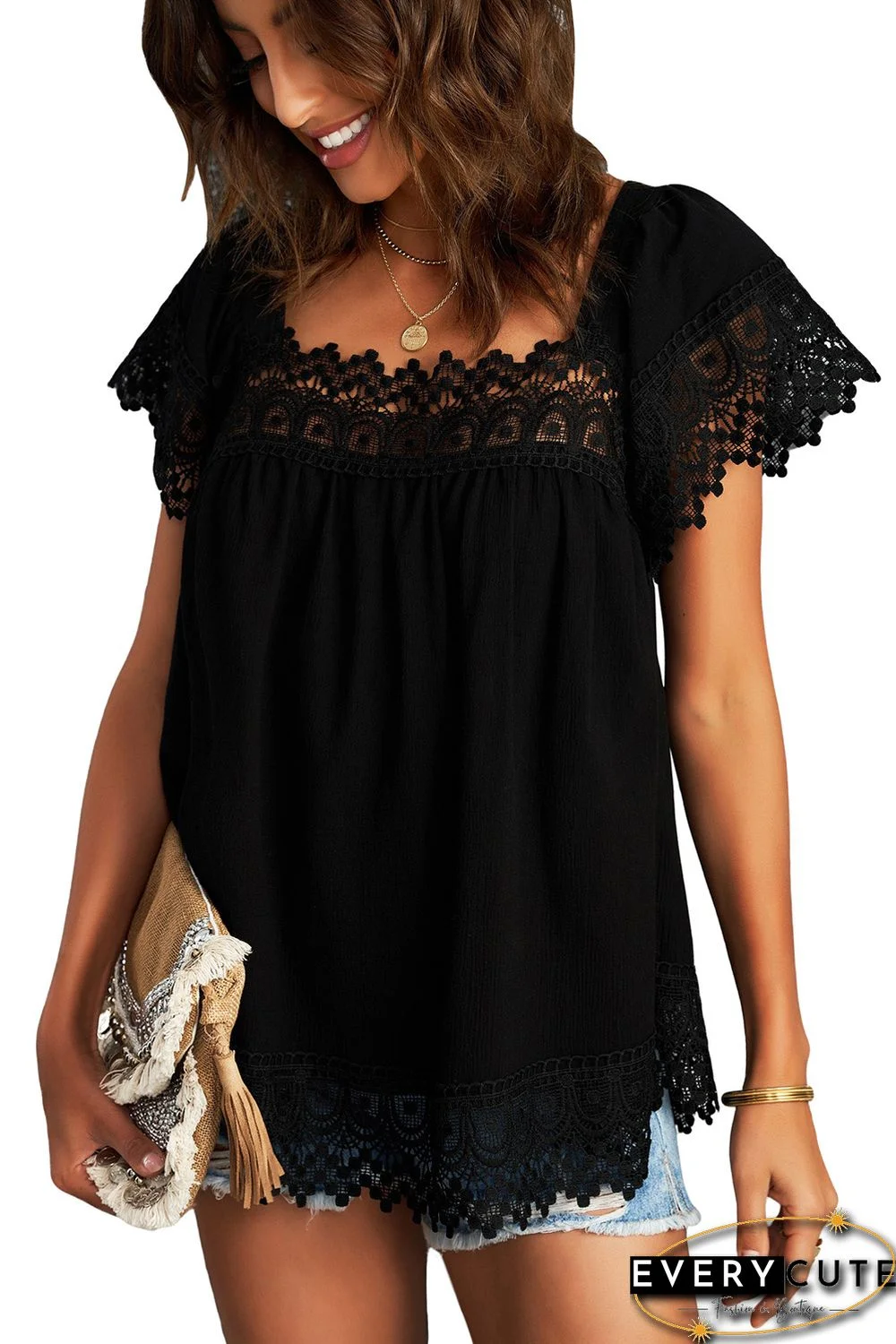 Black Lace Pom Pom Splicing Square Neck Blouse