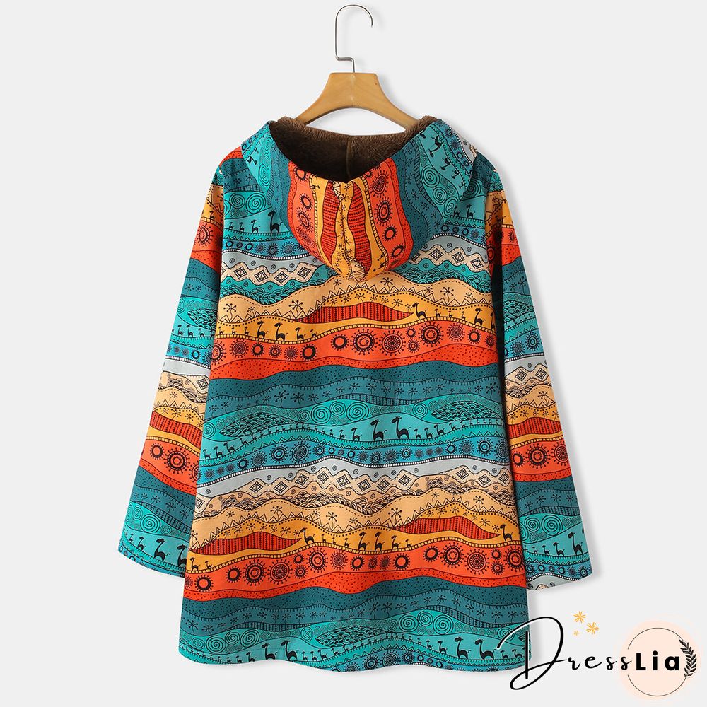 Ethnic Printed Long Sleeve Hooded Thicken Coat For Women