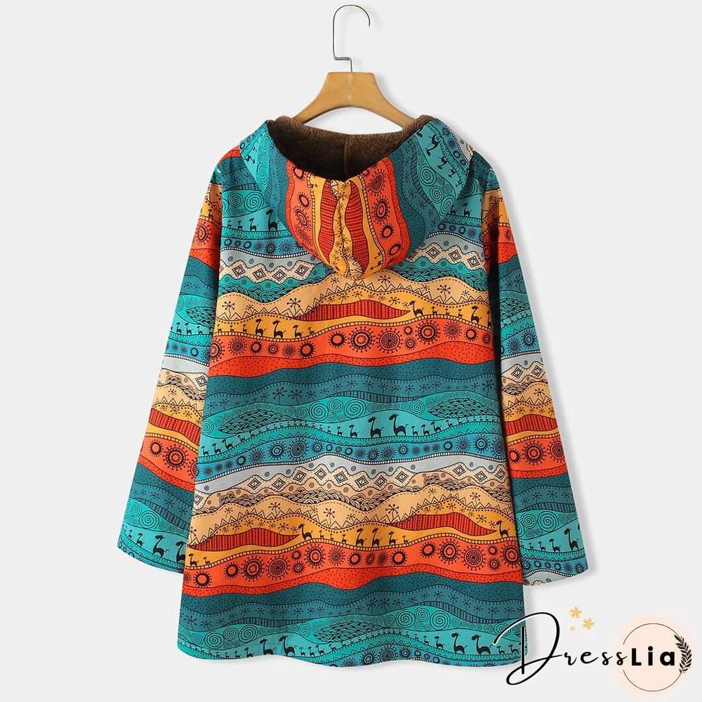 Ethnic Printed Long Sleeve Hooded Thicken Coat For Women