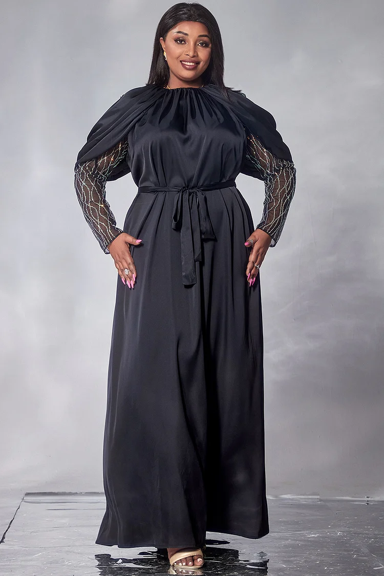 Xpluswear Design Plus Size Formal Maxi Dresses Elegant Black Fall Winter Crew Neck Cape Sleeve Long Sleeve Sequin Satin Maxi Dresses [Pre-Order]