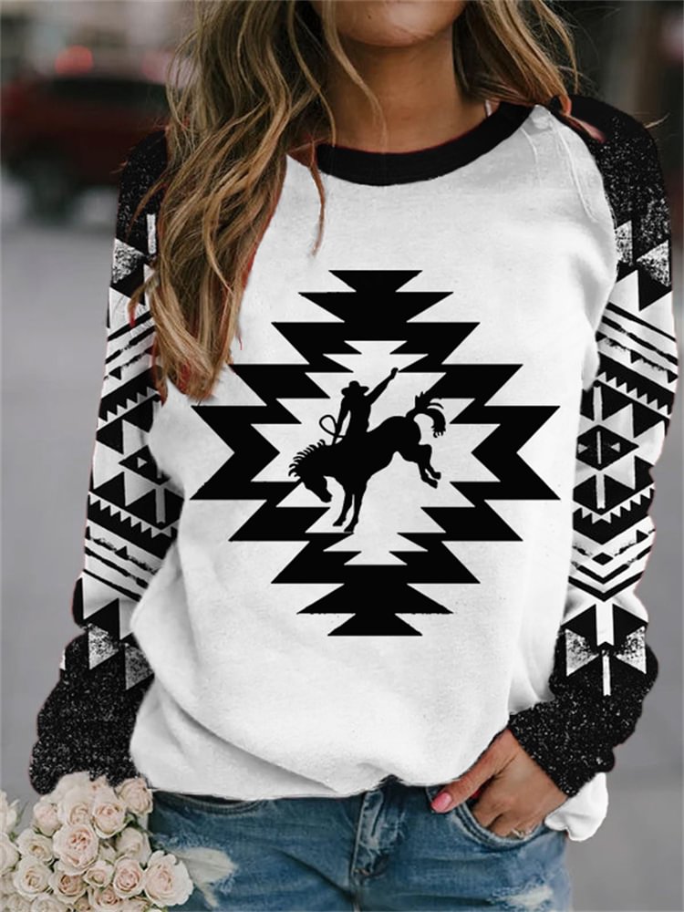 Comstylish Horse Lover Western Aztec Patchwork Sweatshirt