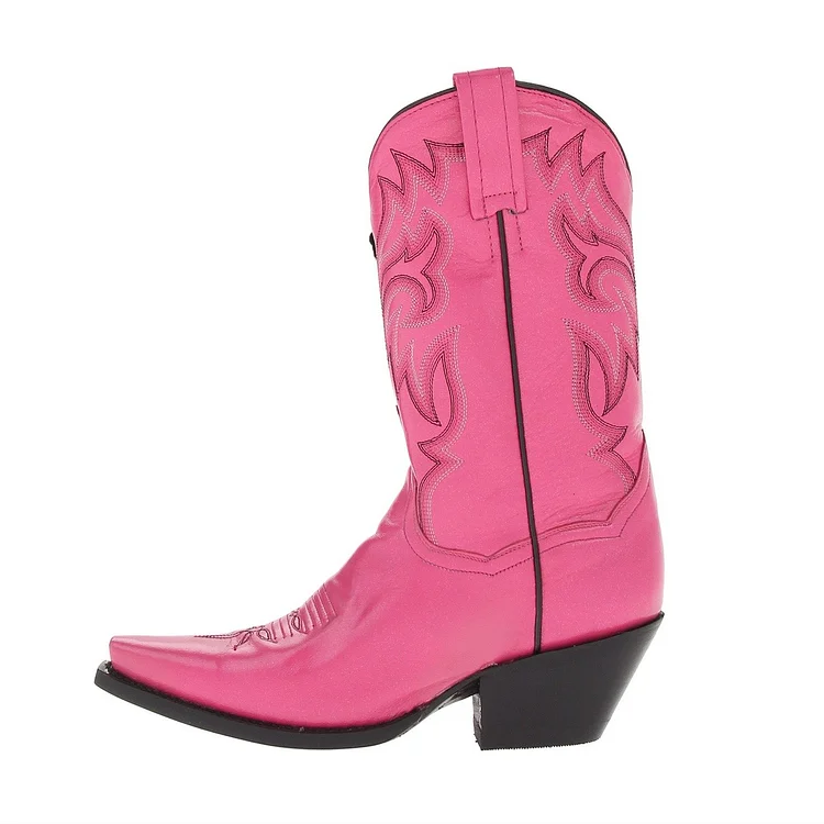 Pink Chunky Heels Cowgirl Boots Square Toe Ankle Boots |FSJ Shoes