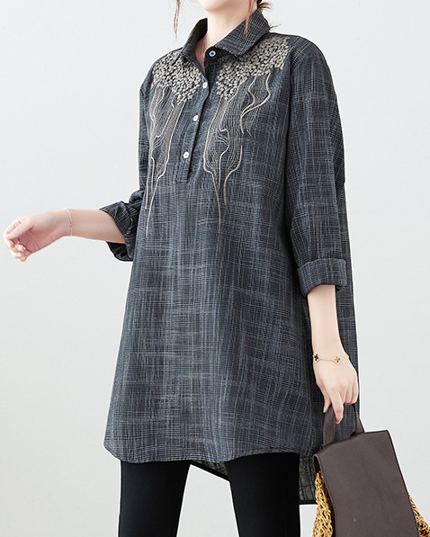 Embroidery Detail Shirt Collar Three Quarter Sleeve Linen Shirt