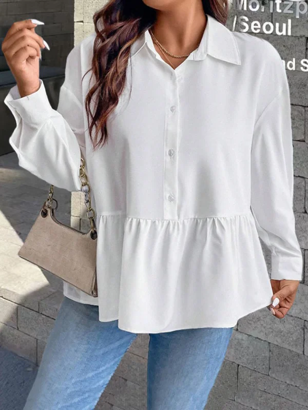Pleated Solid Color Split-Joint Loose Puff Sleeves Lapel Blouses
