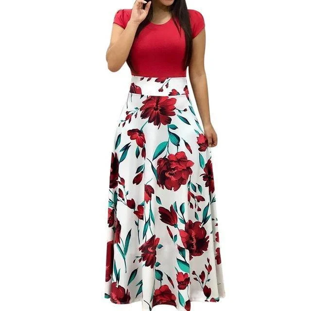 Women Stylish Floral Print Patchwork Casual Short Sleeve Maxi Dresses