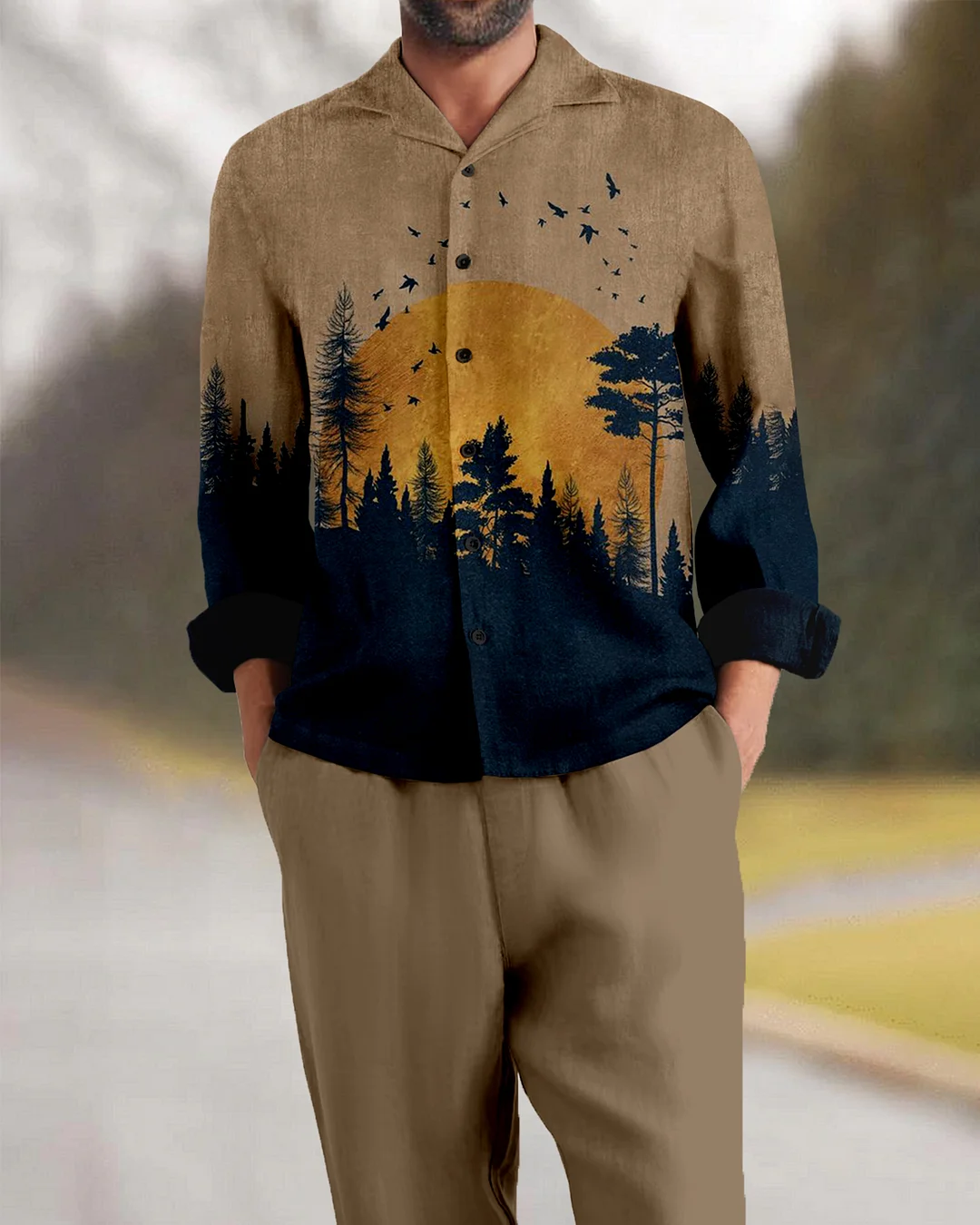 Suitmens Men's Retro Forest Mountain Long Sleeve Walking Suits-0124