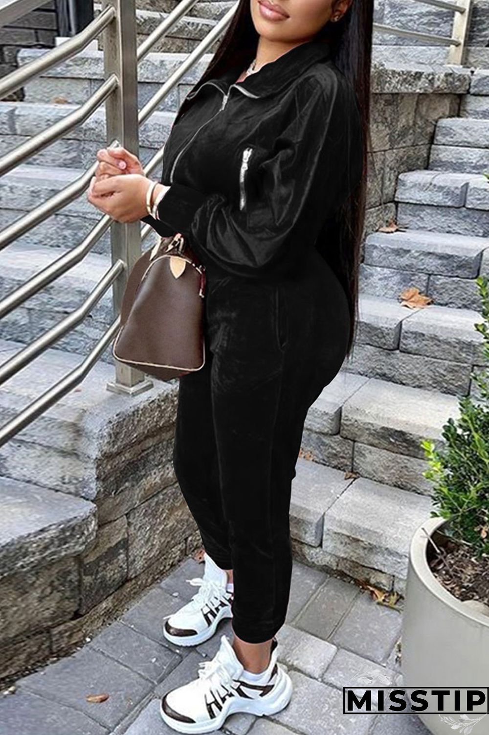 Burgundy Casual Solid Patchwork Zipper Zipper Collar Long Sleeve Two Pieces